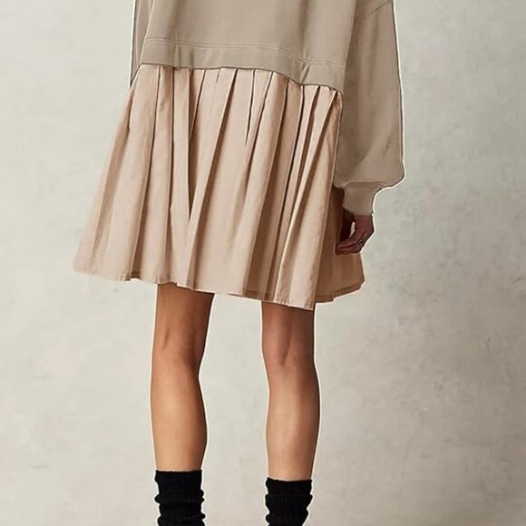 Dokuritu Women's Khaki Patchwork Crew Neck Long Sleeve Sweatshirt Mini Dress XS - Picture 5 of 11